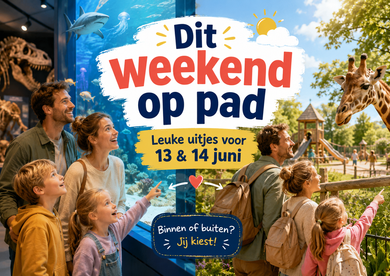 Gezin dat in het weekend op pad gaat met keuze tussen binnenuitjes en buitenuitjes