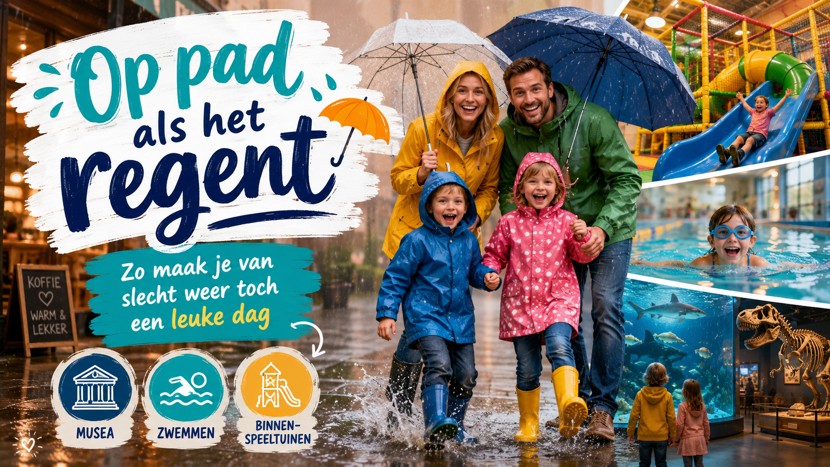 Gezin met regenjassen en paraplu’s onderweg naar een leuk binnenuitje op een regenachtige dag
