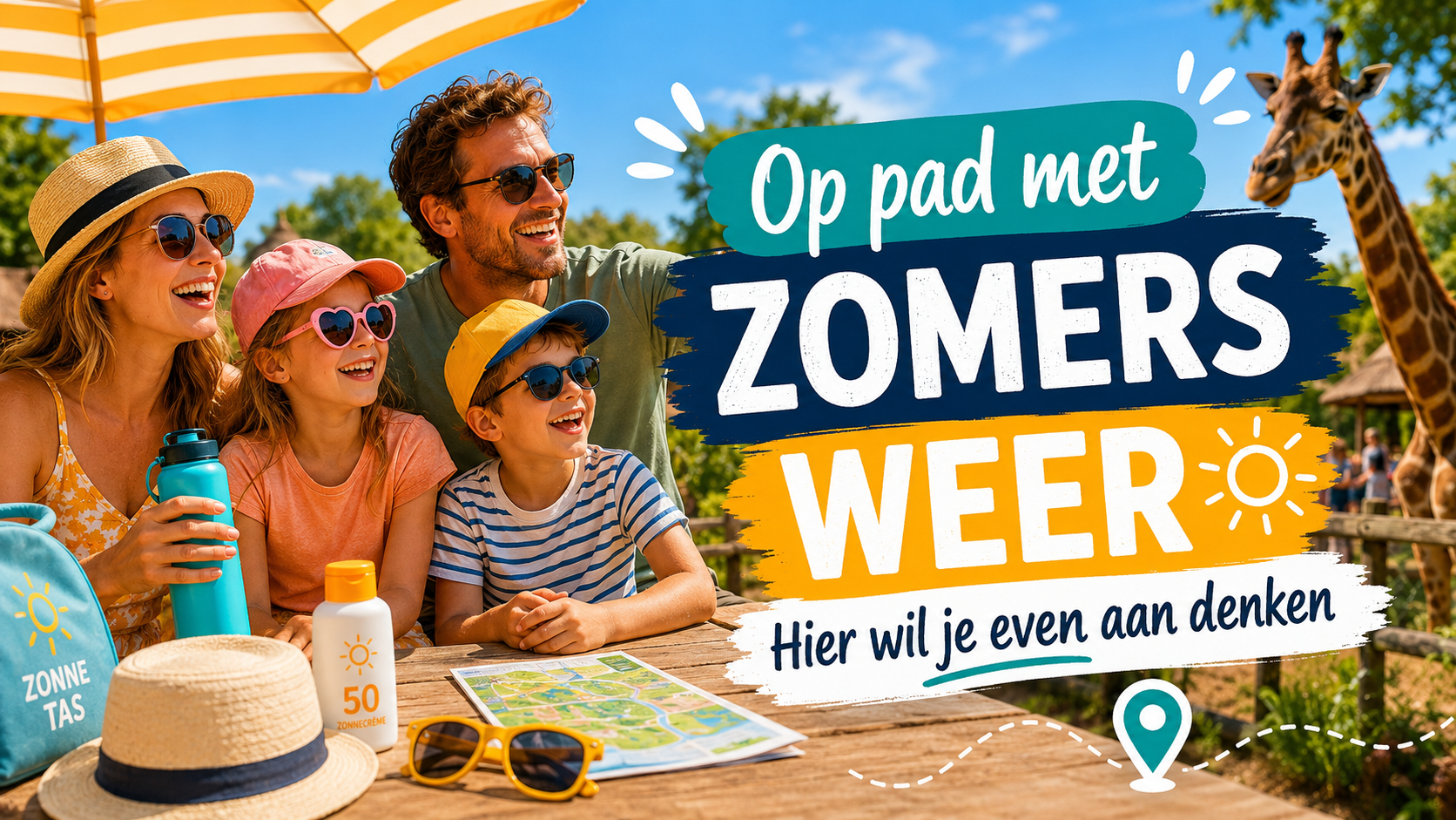 Gezin op pad tijdens een zonnige zomerdag met zonnebril, waterfles en rugtas