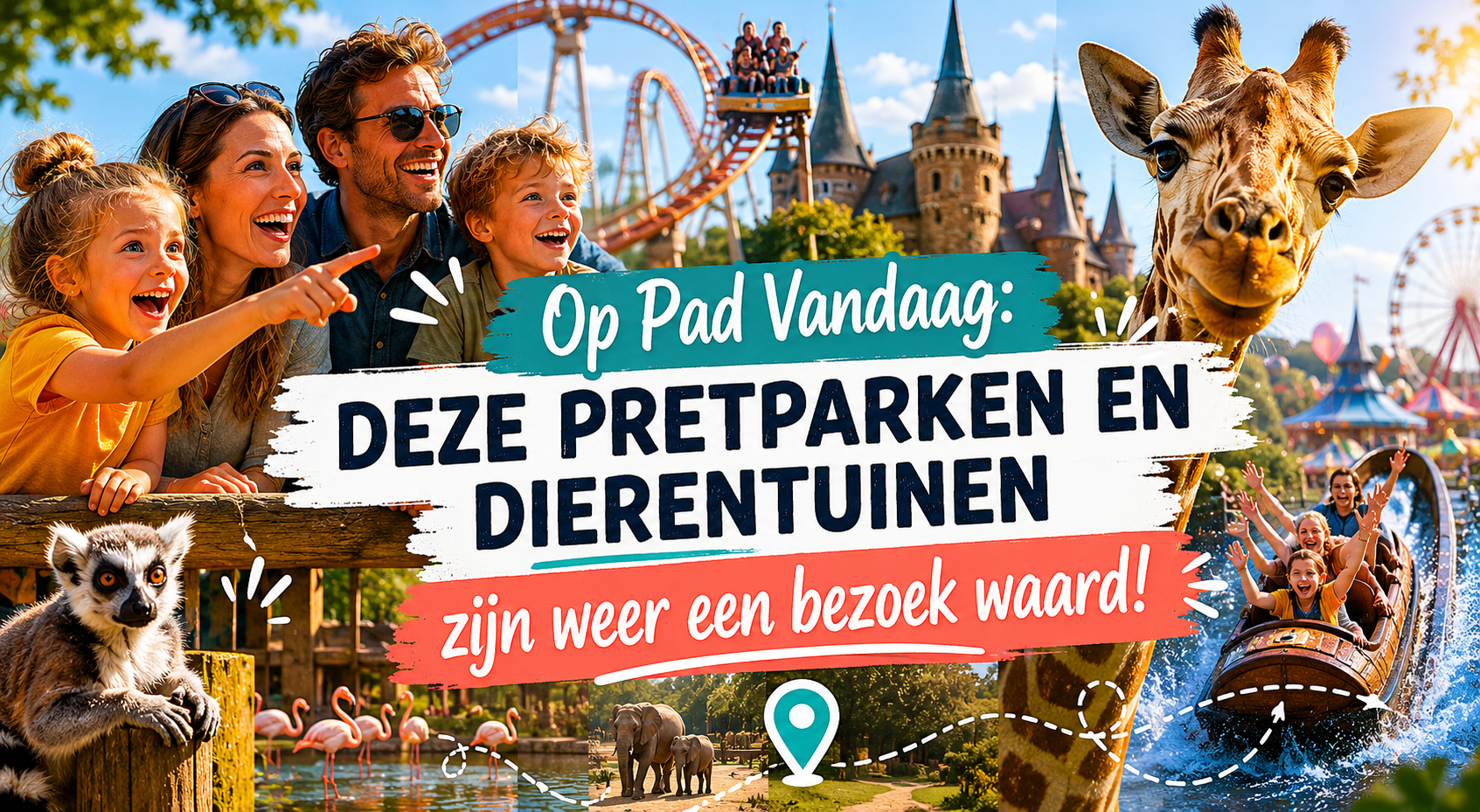Vrolijke familie op pad tussen pretparkattracties en dierentuindieren met de tekst Op Pad Vandaag